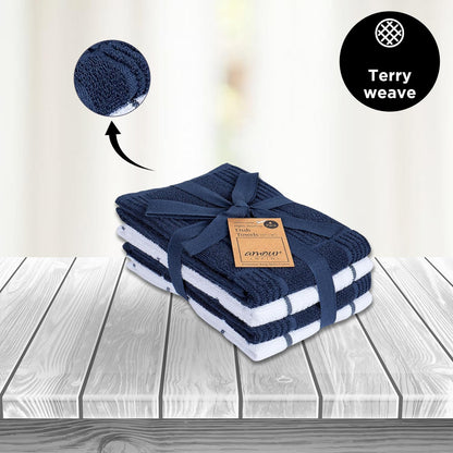 Kitchen Towels Pack of 4 Absorbent, Quick Drying Premium Terry Cotton Dish Towel with Hanging Loop 16X28 Inch Hand & Tea Towels (Blue)