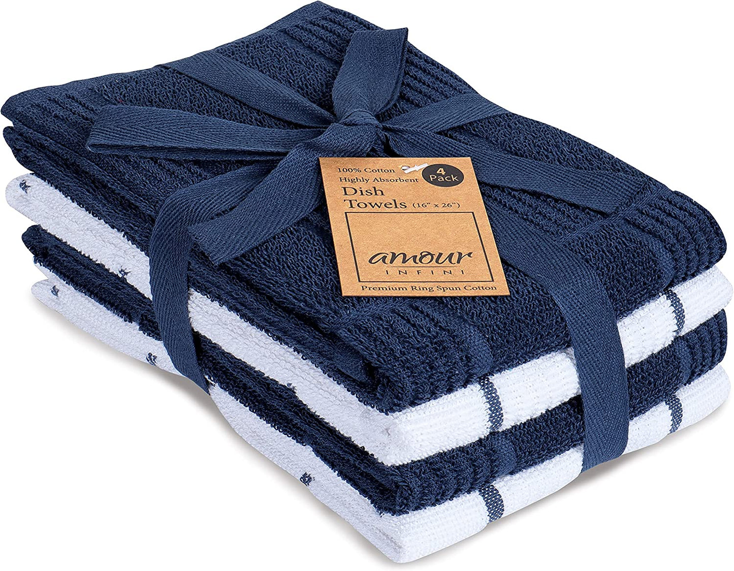 Kitchen Towels Pack of 4 Absorbent, Quick Drying Premium Terry Cotton Dish Towel with Hanging Loop 16X28 Inch Hand & Tea Towels (Blue)