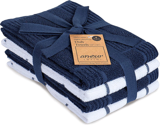 Kitchen Towels Pack of 4 Absorbent, Quick Drying Premium Terry Cotton Dish Towel with Hanging Loop 16X28 Inch Hand & Tea Towels (Blue)